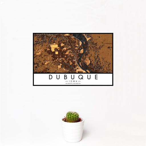 12x18 Dubuque Iowa Map Print Landscape Orientation in Ember Style With Small Cactus Plant in White Planter