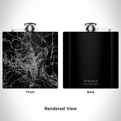 Rendered View of Dubuque Iowa Map Engraving on 6oz Stainless Steel Flask in Black