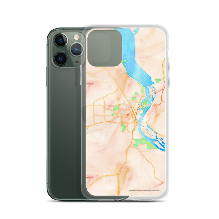 Custom Dubuque Iowa Map Phone Case in Watercolor on Table with Laptop and Plant