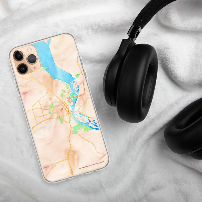 Custom Dubuque Iowa Map Phone Case in Watercolor on Table with Black Headphones
