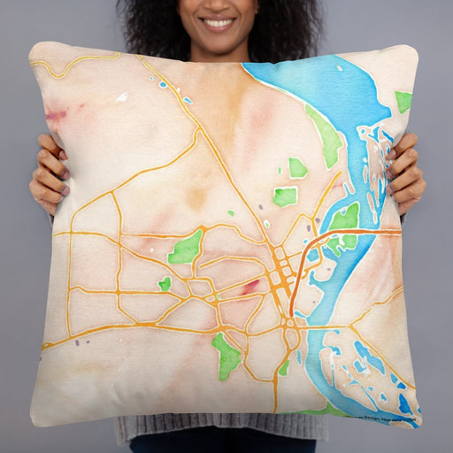Person holding 22x22 Custom Dubuque Iowa Map Throw Pillow in Watercolor