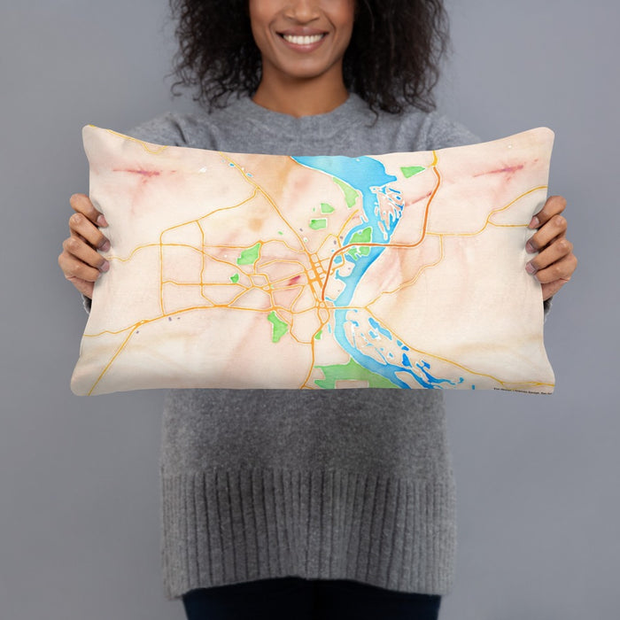Person holding 20x12 Custom Dubuque Iowa Map Throw Pillow in Watercolor