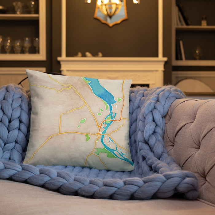 Custom Dubuque Iowa Map Throw Pillow in Watercolor on Cream Colored Couch
