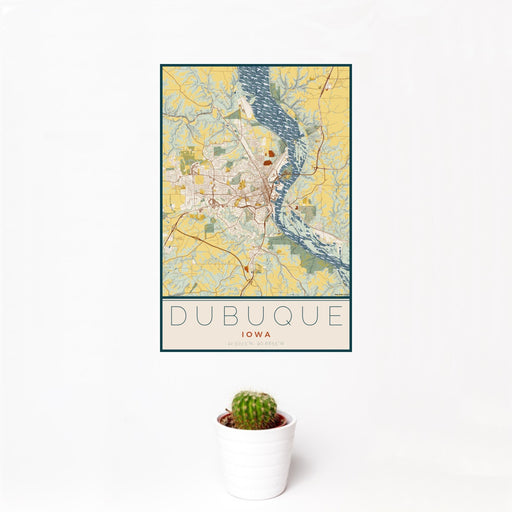 12x18 Dubuque Iowa Map Print Portrait Orientation in Woodblock Style With Small Cactus Plant in White Planter