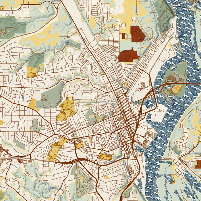 Dubuque Iowa Map Print in Woodblock Style Zoomed In Close Up Showing Details