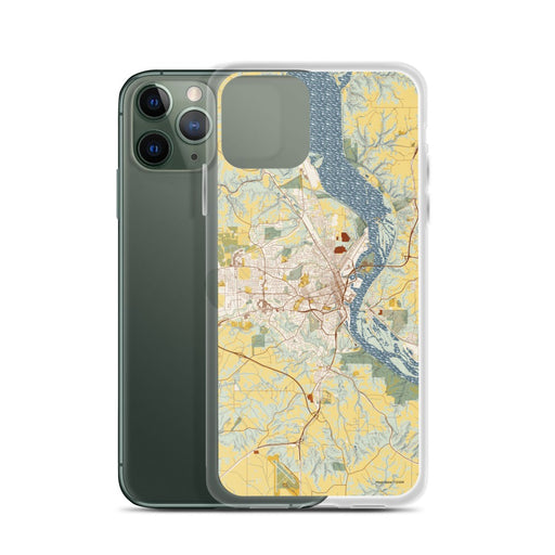 Custom Dubuque Iowa Map Phone Case in Woodblock on Table with Laptop and Plant