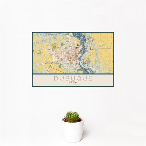 12x18 Dubuque Iowa Map Print Landscape Orientation in Woodblock Style With Small Cactus Plant in White Planter