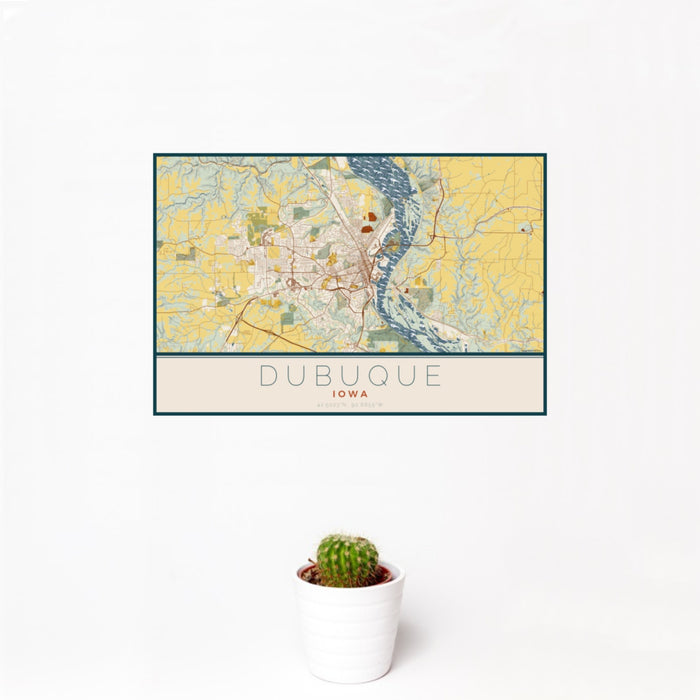 12x18 Dubuque Iowa Map Print Landscape Orientation in Woodblock Style With Small Cactus Plant in White Planter