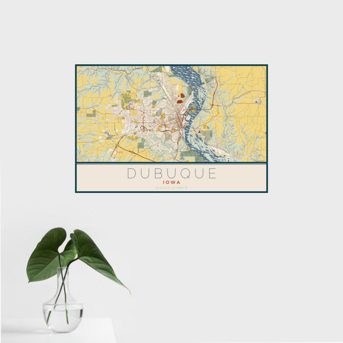 16x24 Dubuque Iowa Map Print Landscape Orientation in Woodblock Style With Tropical Plant Leaves in Water