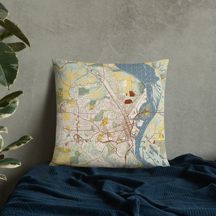 Custom Dubuque Iowa Map Throw Pillow in Woodblock on Bedding Against Wall