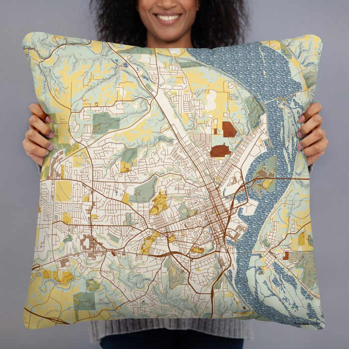 Person holding 22x22 Custom Dubuque Iowa Map Throw Pillow in Woodblock