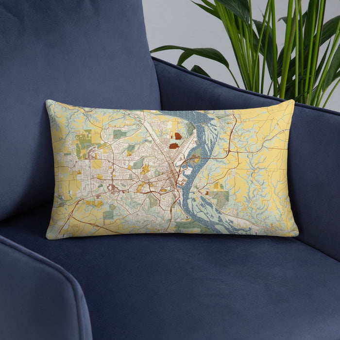 Custom Dubuque Iowa Map Throw Pillow in Woodblock on Blue Colored Chair