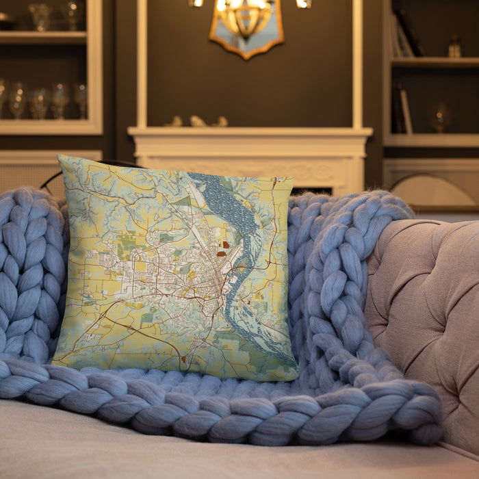 Custom Dubuque Iowa Map Throw Pillow in Woodblock on Cream Colored Couch