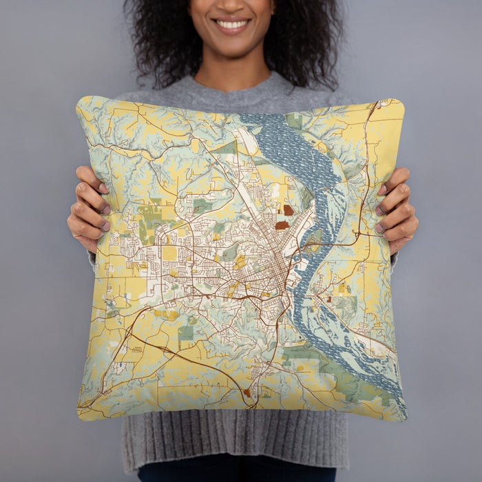 Person holding 18x18 Custom Dubuque Iowa Map Throw Pillow in Woodblock