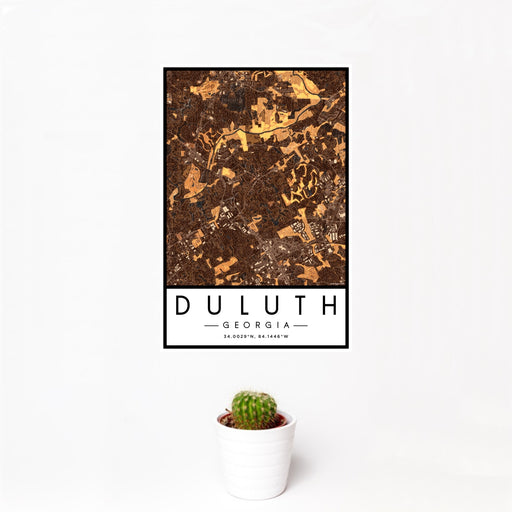 12x18 Duluth Georgia Map Print Portrait Orientation in Ember Style With Small Cactus Plant in White Planter