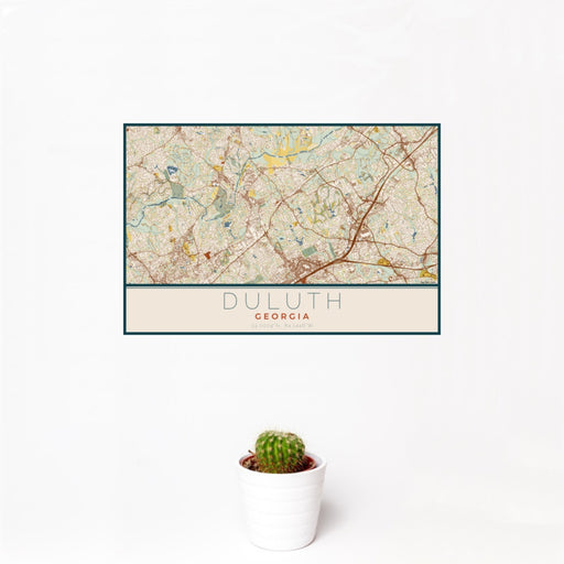 12x18 Duluth Georgia Map Print Landscape Orientation in Woodblock Style With Small Cactus Plant in White Planter