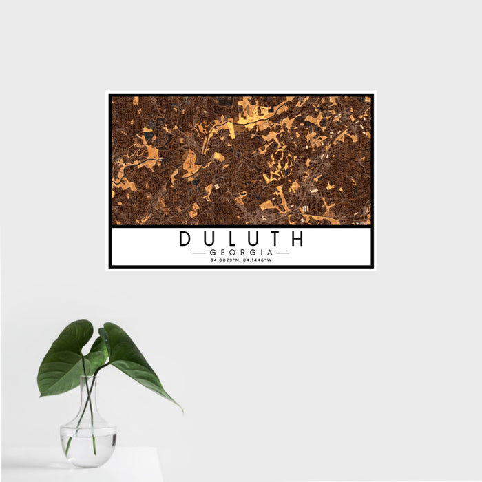 16x24 Duluth Georgia Map Print Landscape Orientation in Ember Style With Tropical Plant Leaves in Water