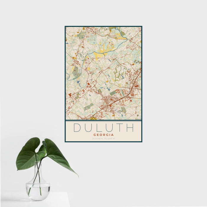 16x24 Duluth Georgia Map Print Portrait Orientation in Woodblock Style With Tropical Plant Leaves in Water