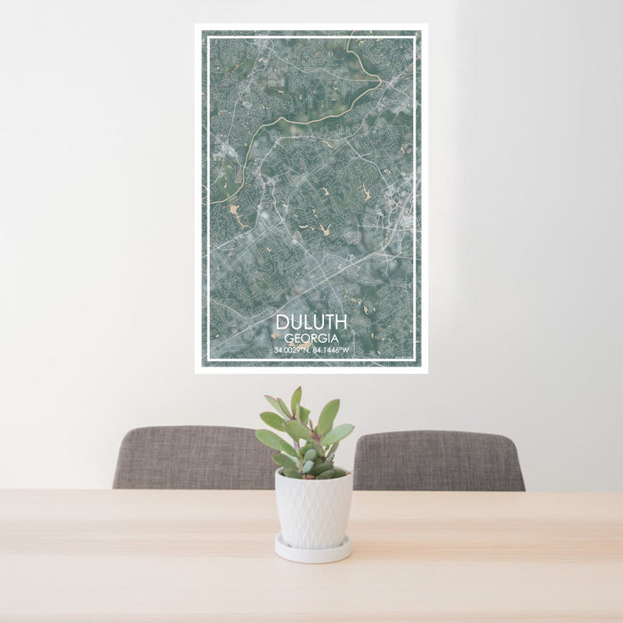24x36 Duluth Georgia Map Print Portrait Orientation in Afternoon Style Behind 2 Chairs Table and Potted Plant