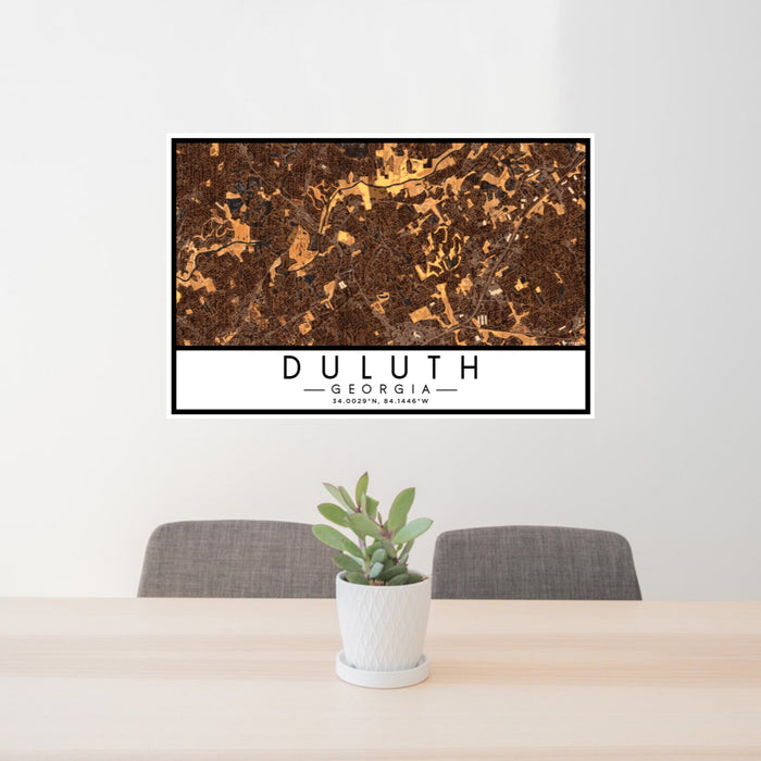 24x36 Duluth Georgia Map Print Lanscape Orientation in Ember Style Behind 2 Chairs Table and Potted Plant
