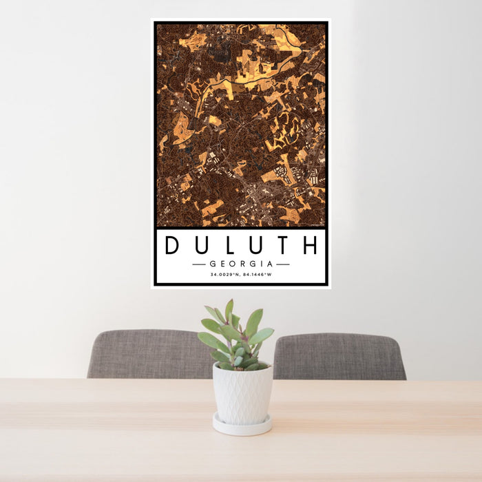 24x36 Duluth Georgia Map Print Portrait Orientation in Ember Style Behind 2 Chairs Table and Potted Plant