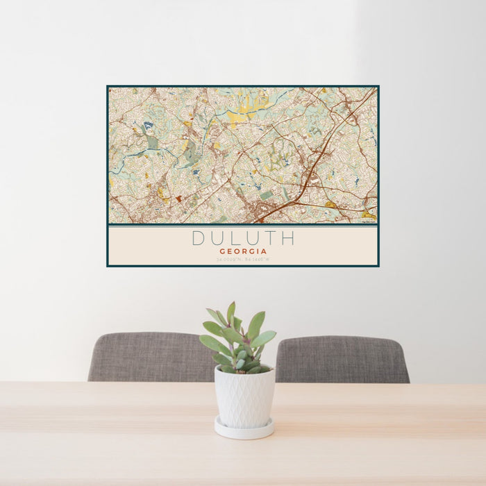 24x36 Duluth Georgia Map Print Lanscape Orientation in Woodblock Style Behind 2 Chairs Table and Potted Plant