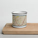 Front View Custom Duluth Georgia Map Enamel Mug in Woodblock on Cutting Board