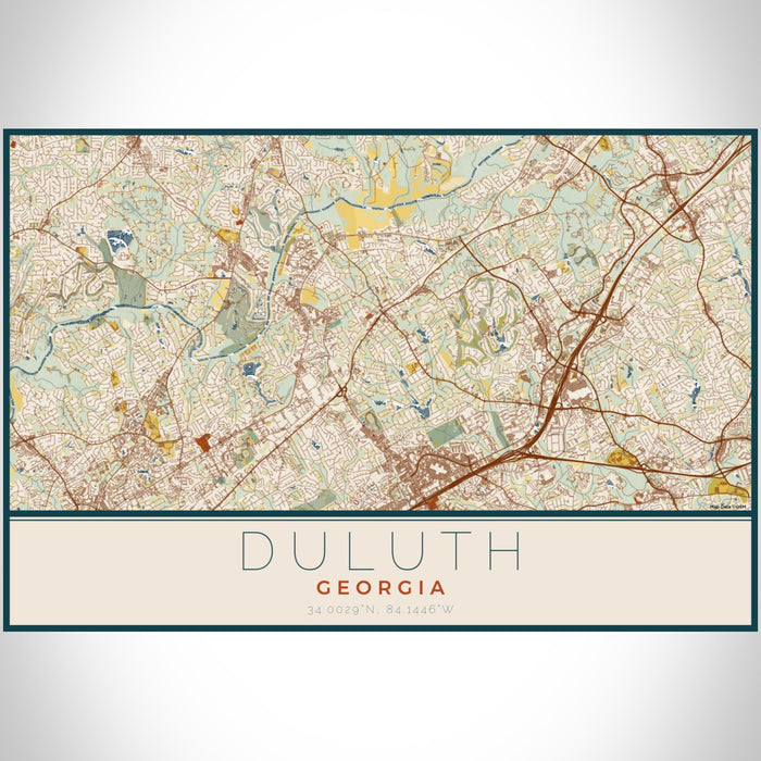Duluth Georgia Map Print Landscape Orientation in Woodblock Style With Shaded Background