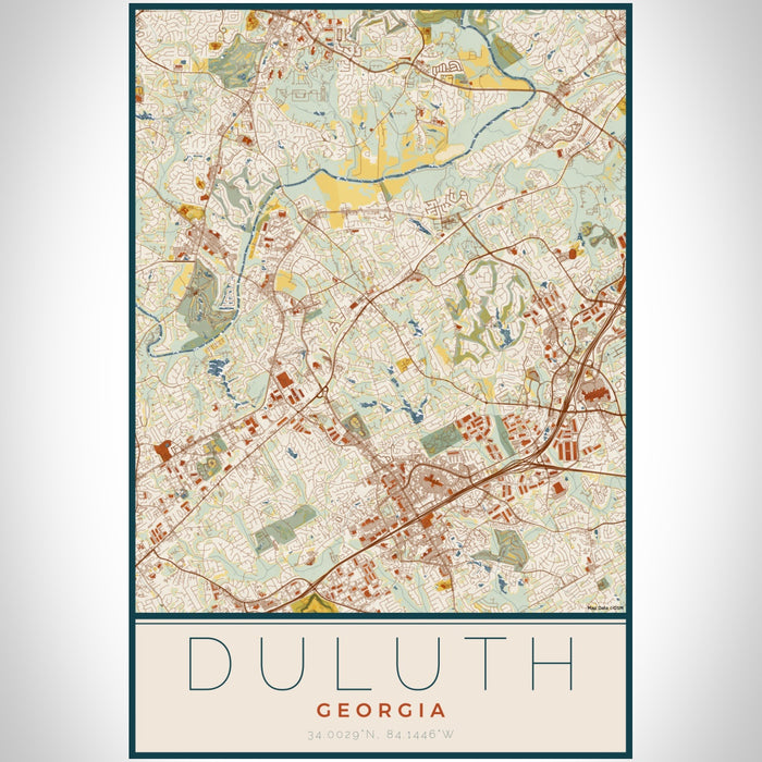 Duluth Georgia Map Print Portrait Orientation in Woodblock Style With Shaded Background