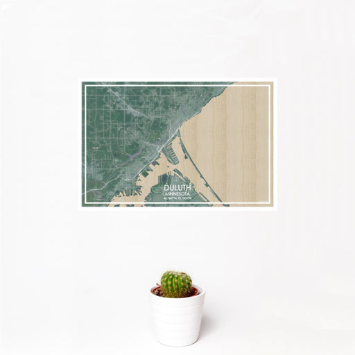 12x18 Duluth Minnesota Map Print Landscape Orientation in Afternoon Style With Small Cactus Plant in White Planter