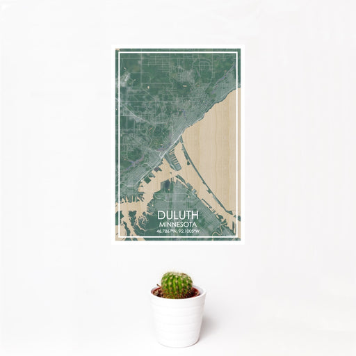 12x18 Duluth Minnesota Map Print Portrait Orientation in Afternoon Style With Small Cactus Plant in White Planter