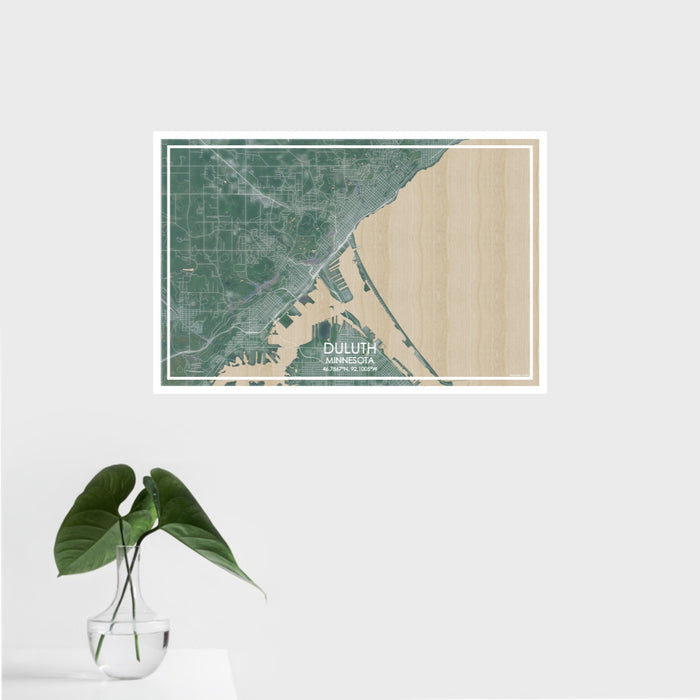 16x24 Duluth Minnesota Map Print Landscape Orientation in Afternoon Style With Tropical Plant Leaves in Water
