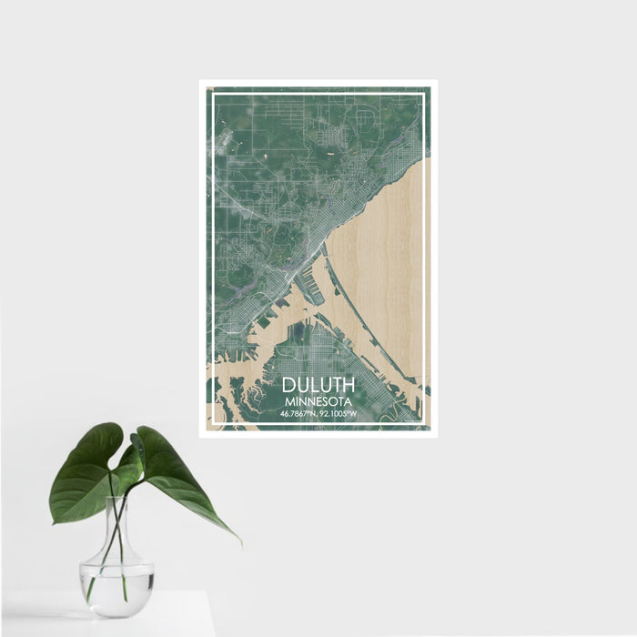 16x24 Duluth Minnesota Map Print Portrait Orientation in Afternoon Style With Tropical Plant Leaves in Water