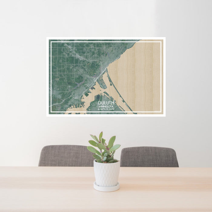 24x36 Duluth Minnesota Map Print Lanscape Orientation in Afternoon Style Behind 2 Chairs Table and Potted Plant