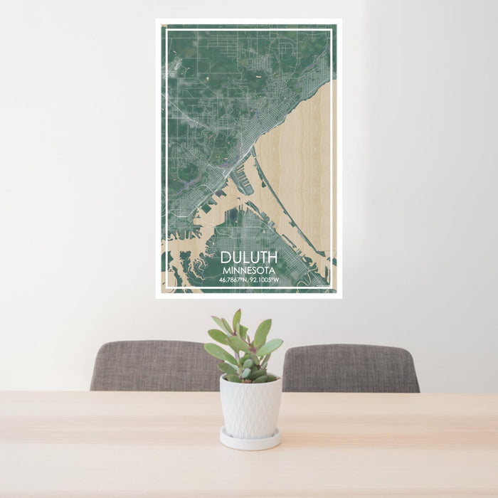 24x36 Duluth Minnesota Map Print Portrait Orientation in Afternoon Style Behind 2 Chairs Table and Potted Plant