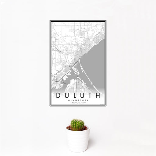 12x18 Duluth Minnesota Map Print Portrait Orientation in Classic Style With Small Cactus Plant in White Planter