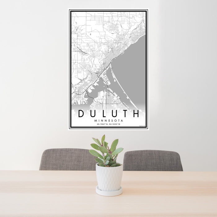 24x36 Duluth Minnesota Map Print Portrait Orientation in Classic Style Behind 2 Chairs Table and Potted Plant