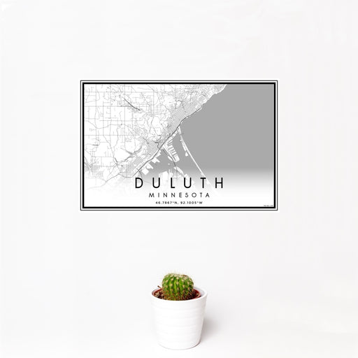 12x18 Duluth Minnesota Map Print Landscape Orientation in Classic Style With Small Cactus Plant in White Planter