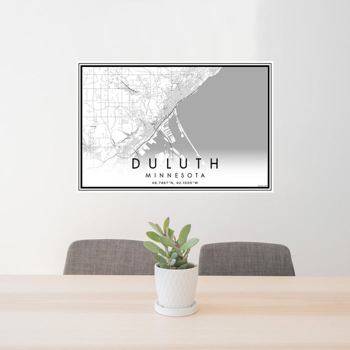 24x36 Duluth Minnesota Map Print Landscape Orientation in Classic Style Behind 2 Chairs Table and Potted Plant