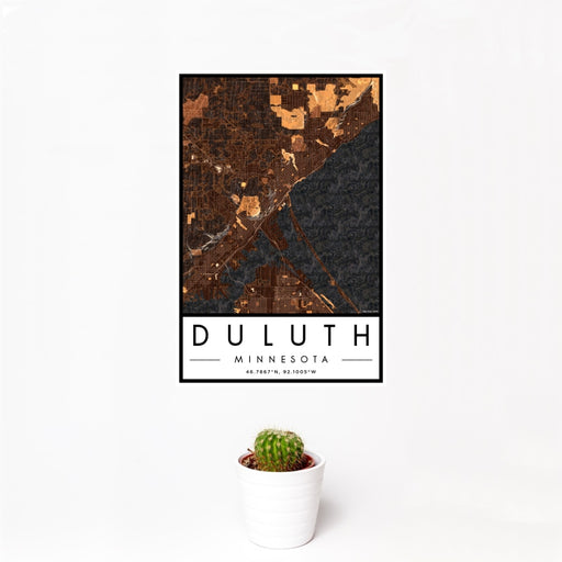 12x18 Duluth Minnesota Map Print Portrait Orientation in Ember Style With Small Cactus Plant in White Planter