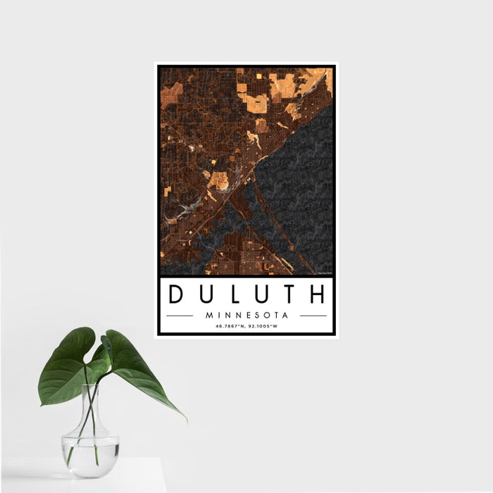 16x24 Duluth Minnesota Map Print Portrait Orientation in Ember Style With Tropical Plant Leaves in Water
