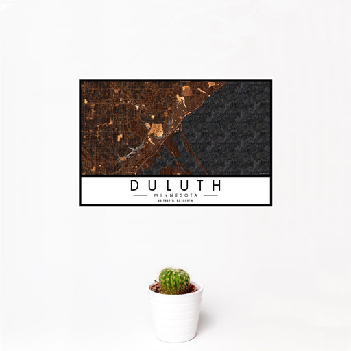 12x18 Duluth Minnesota Map Print Landscape Orientation in Ember Style With Small Cactus Plant in White Planter