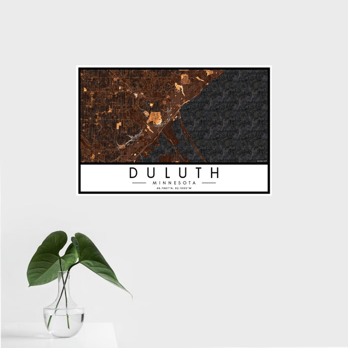 16x24 Duluth Minnesota Map Print Landscape Orientation in Ember Style With Tropical Plant Leaves in Water