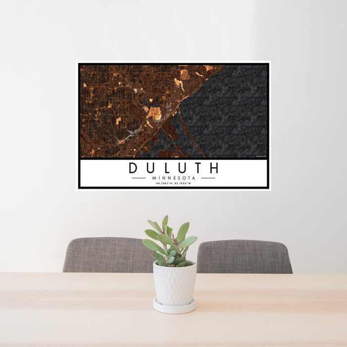 24x36 Duluth Minnesota Map Print Landscape Orientation in Ember Style Behind 2 Chairs Table and Potted Plant