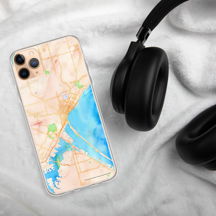 Custom Duluth Minnesota Map Phone Case in Watercolor on Table with Black Headphones