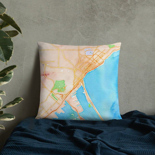 Custom Duluth Minnesota Map Throw Pillow in Watercolor on Bedding Against Wall