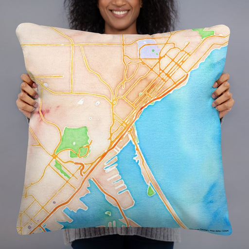 Person holding 22x22 Custom Duluth Minnesota Map Throw Pillow in Watercolor