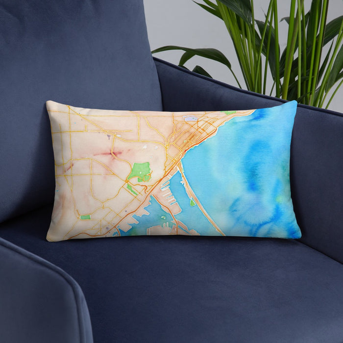 Custom Duluth Minnesota Map Throw Pillow in Watercolor on Blue Colored Chair