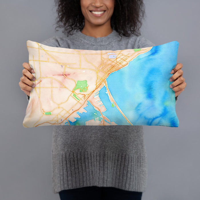 Person holding 20x12 Custom Duluth Minnesota Map Throw Pillow in Watercolor