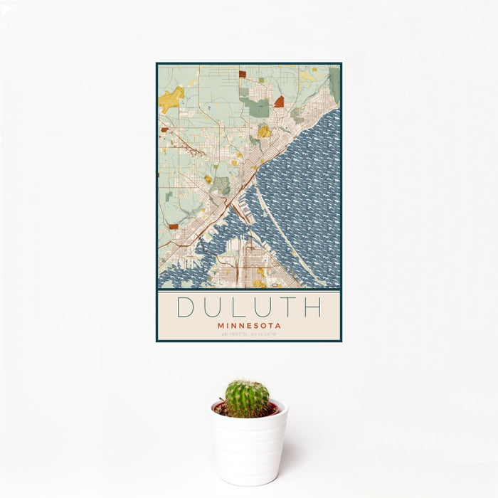 12x18 Duluth Minnesota Map Print Portrait Orientation in Woodblock Style With Small Cactus Plant in White Planter